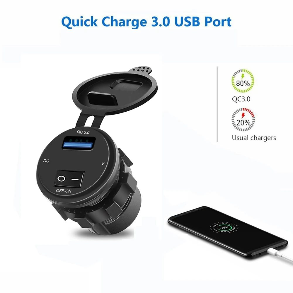 Car Charger Socket with ON-OFF Switch and Digital Voltmeter Display QC 3.0 USB Fast Charging Adapter 12V/24V for Car Motorcycle