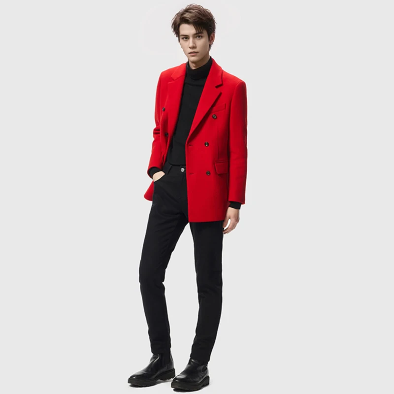 men's casual suit wool coat Red British fashion gentlemanly style double breasted button flat collar customized men's suit coat