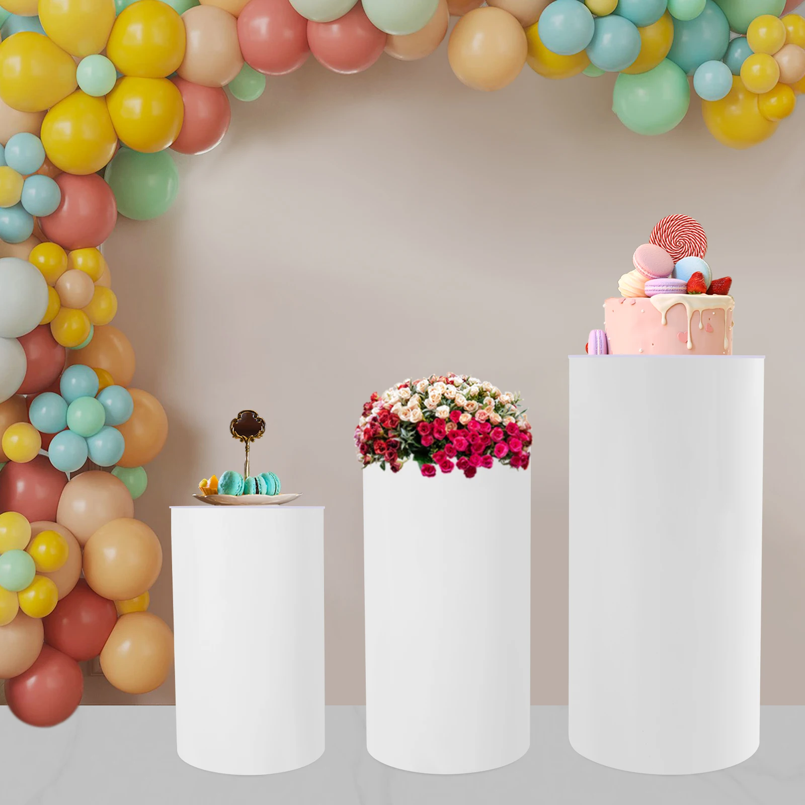 Wedding Cake Display Stand 3Pcs Cylinder Pedestal Stand Set White Wedding Decoration Display Column for Centerpiece Party