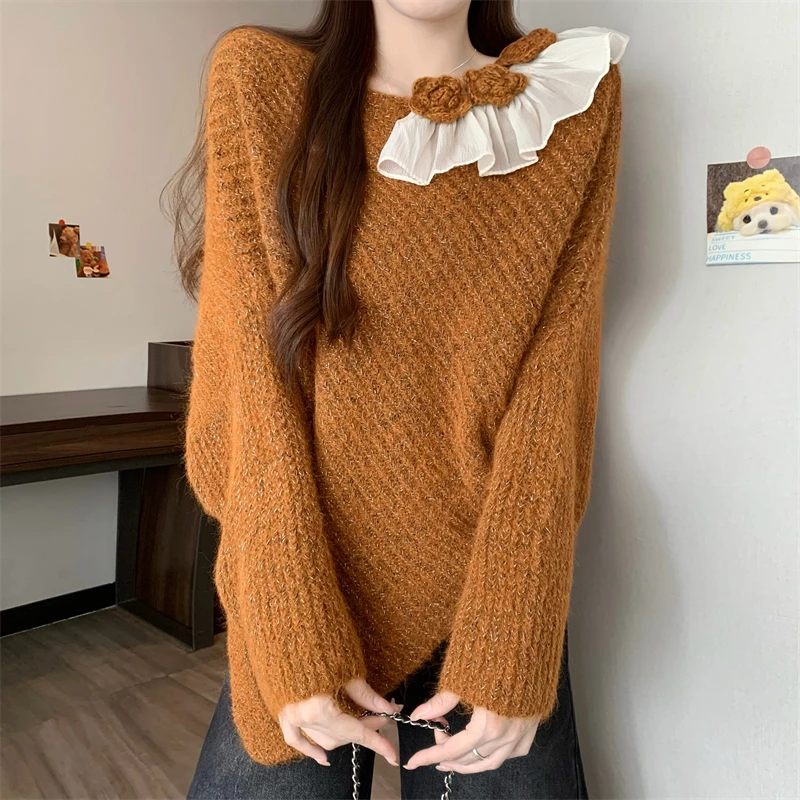 

Корейский вязаный свитер нерегулярной формы с 3D цветами, осень-зима, Новое поступление, женский модный теплый удобный длинный топ све