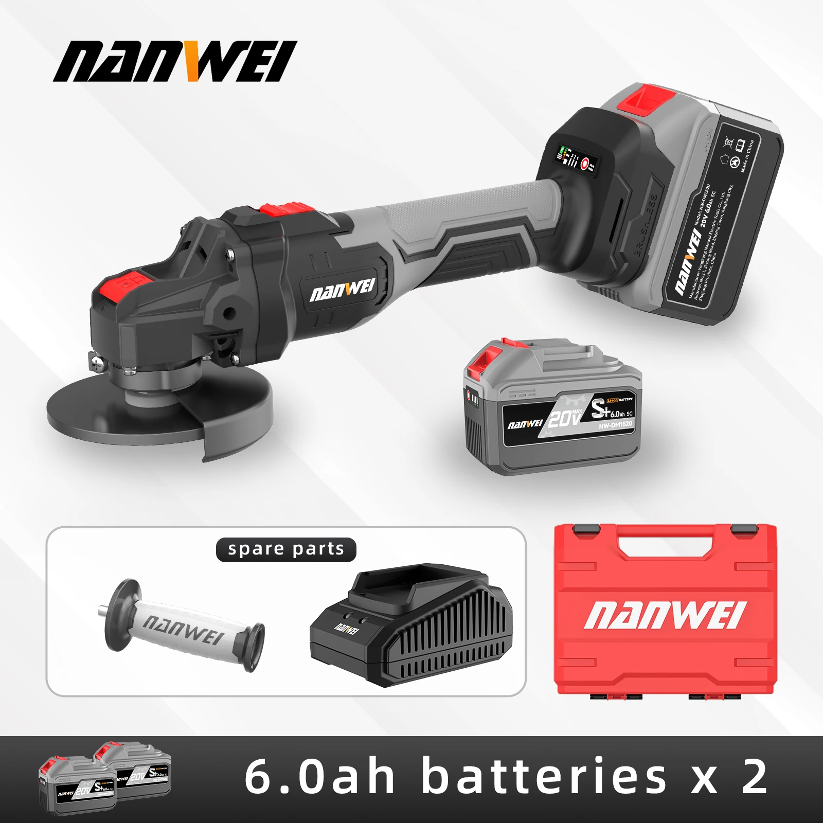 NANWEI Brushless Cordless Angle Grinder Variable Speed Metal Wood Tool