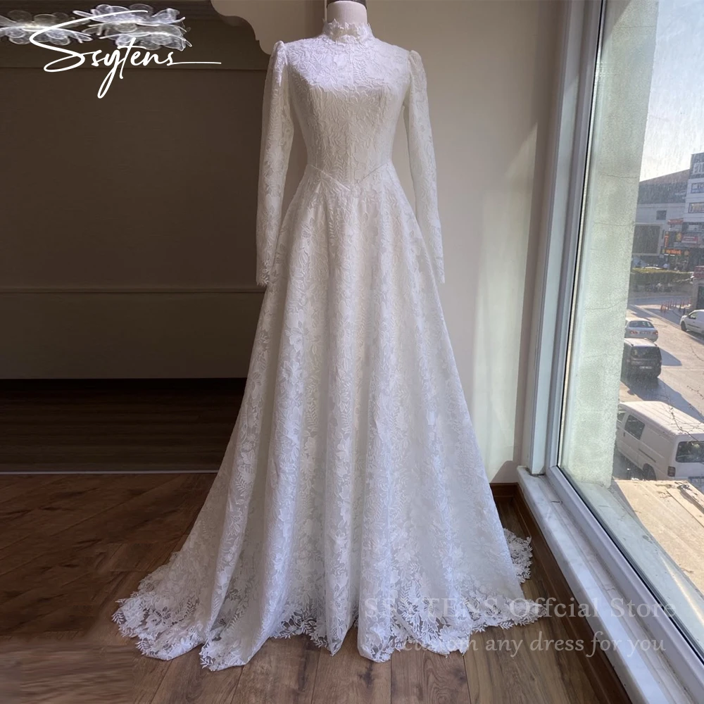 

SSYTENS Elegant A-Line Wedding Dresses High Neck Long Sleeves Full Lace Bridal Dress Modest Wedding Prom Ball Gowns Customizedd