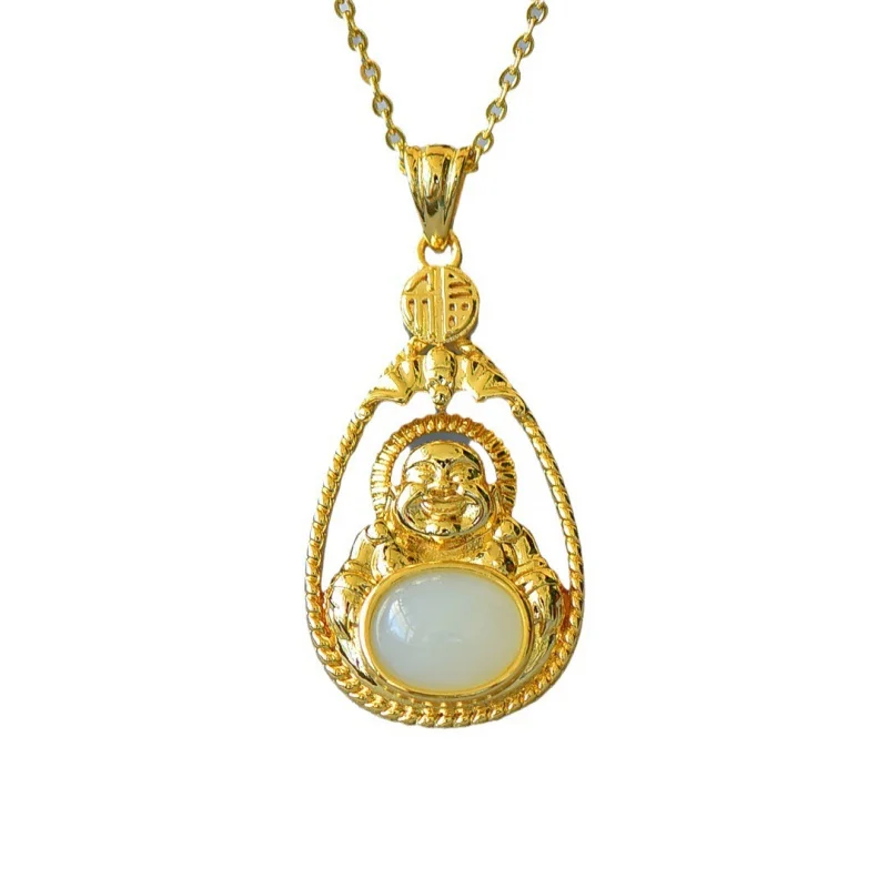 Ancient Style Inlaid Xinjiang Hetian Jade White Jade Buddha High-Grade Pendant Retro Light Luxury Style Buddha Necklace Pendant