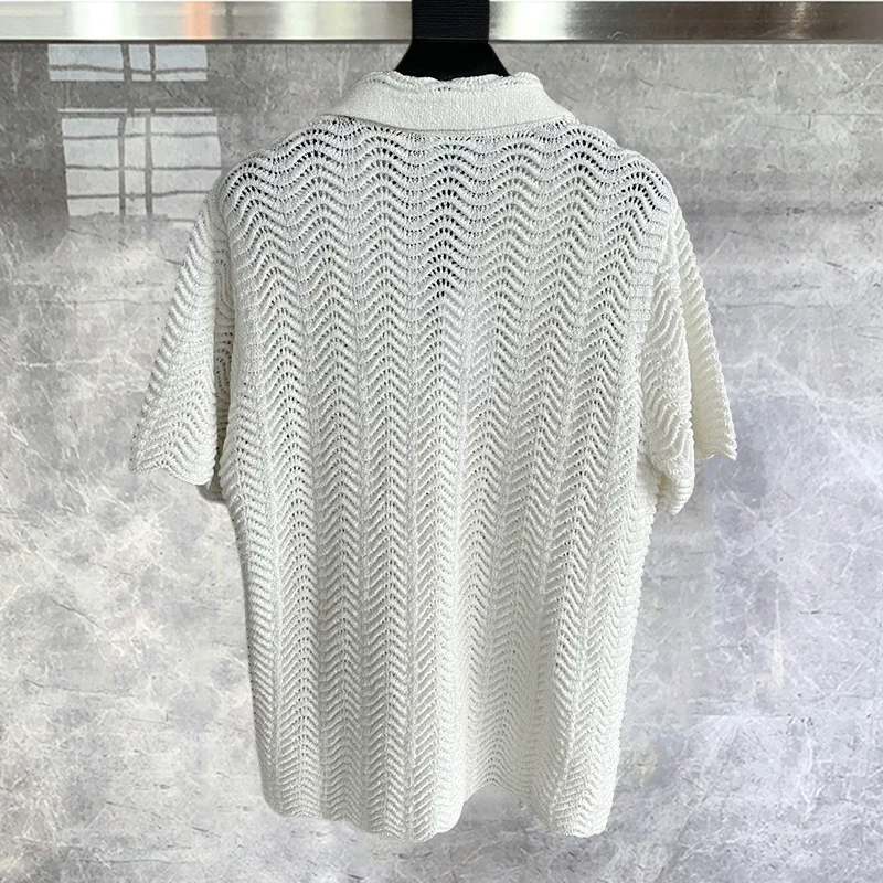 Casual Beach Holiday Breathable Cardigan Shirt Simple Solid Color Short-sleeved Hollow Out Knitting Shirt Loose Top Ropa Hombre