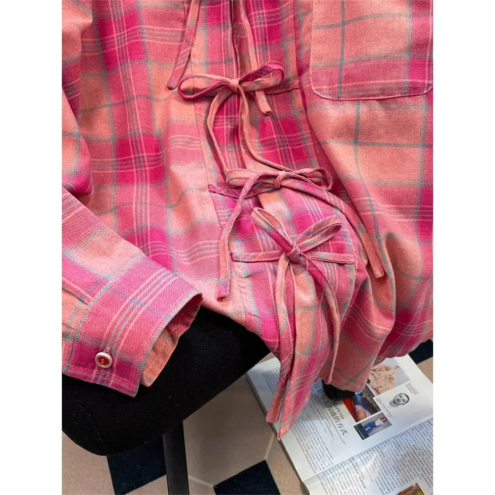 Sweet and Spicy Dopamine Pink Strap Plaid Shirt Jacket for Women\'s Spring New Design Loose Long Sleeved Shirt Top