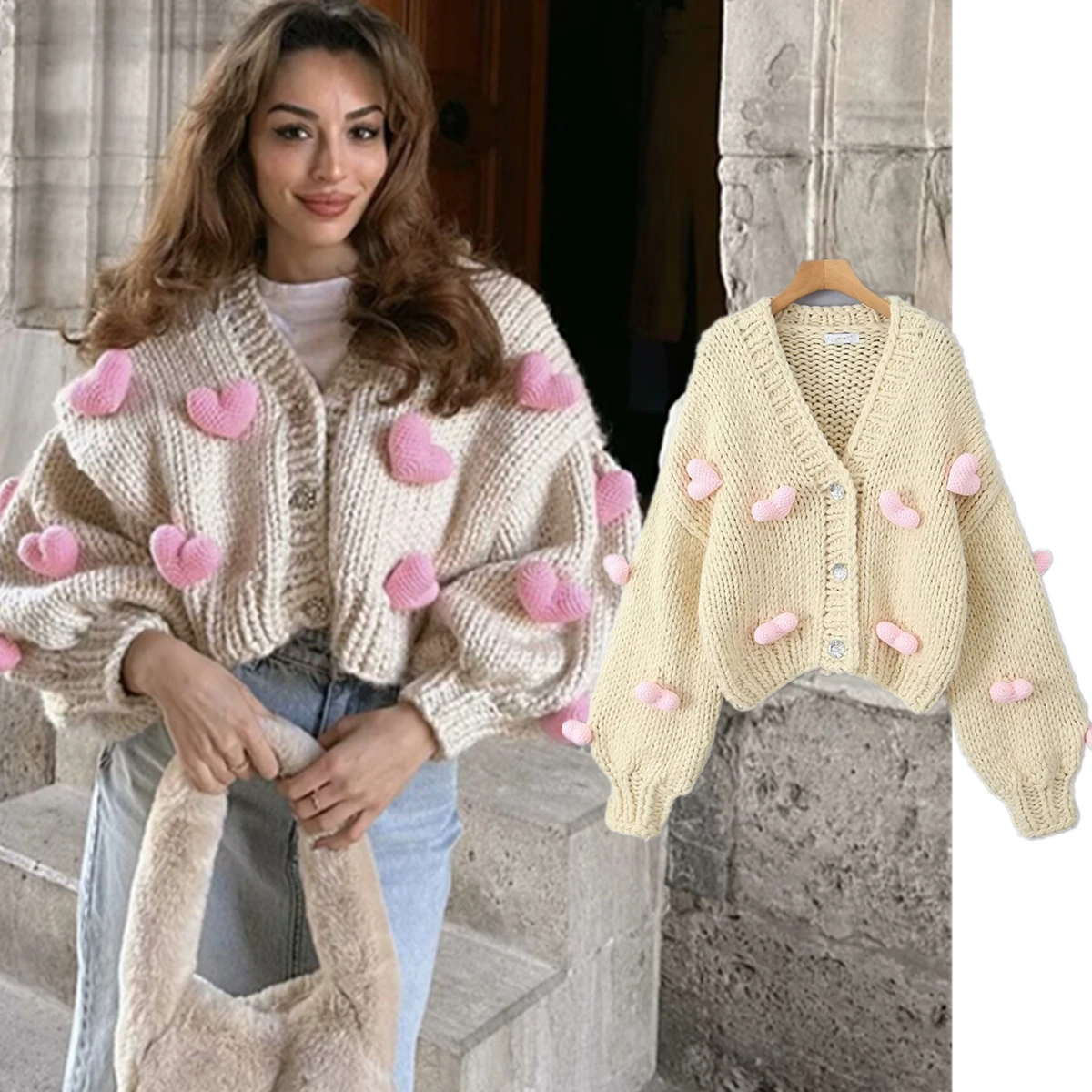 Maxdutti Handmade Pink Heart  Crochet Flower Knitted Cardigan Jacket Women Fashion Blogger Vintage Winter Coat