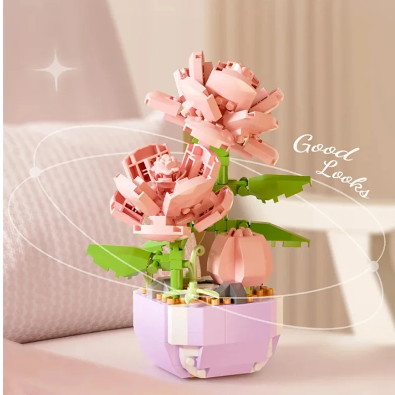 Mini Building Blocks Flower Pots Simulated Flowers and Plants Desktop Small Ornaments Assembled Toys Girls Gifts with nice price