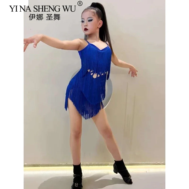 

Для детей, бальное платье для латинских американских танцев для девочек, платье с бахромой и кисточками, танцевальная одежда для самбы-ча-ча, тренировочный костюм