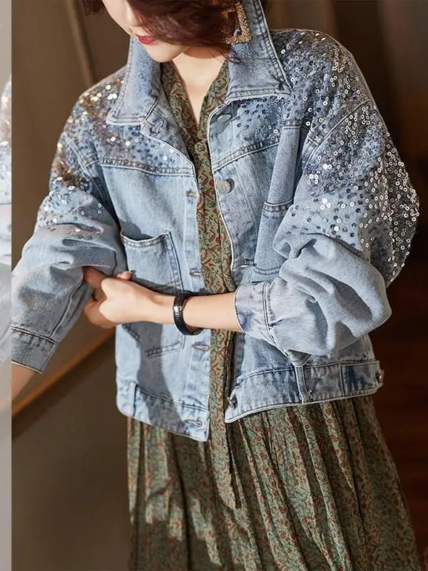 

Модная джинсовая куртка с пайетками для женщин, осенне-зимняя новинка, приталенный топ в корейском стиле, удлиненная модель