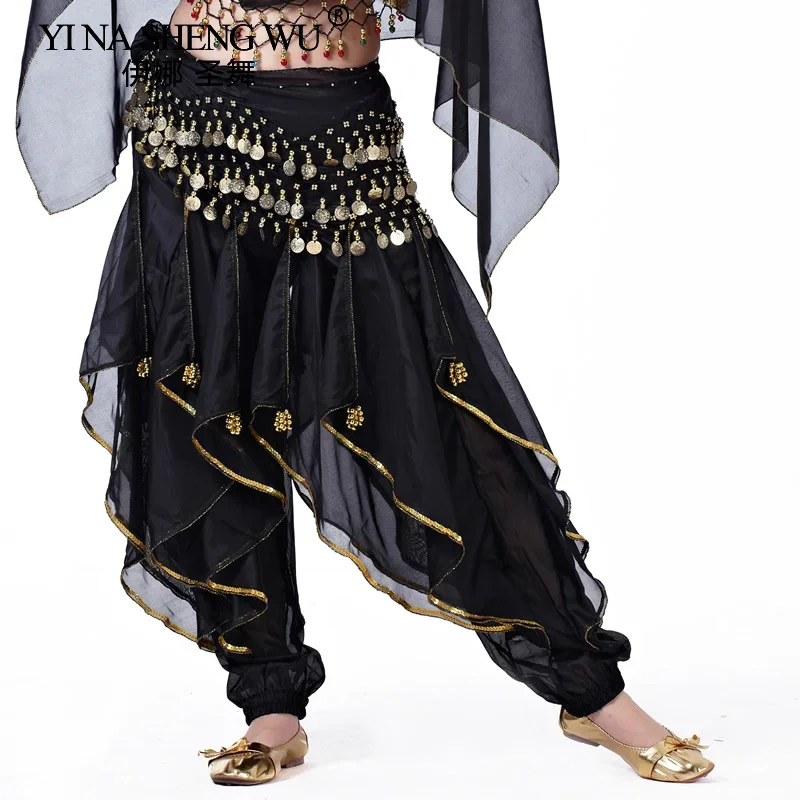 Women Belly Dance Harem Pants Tribal Baggy Arabic Halloween Trousers With Golden TrimArabic India Princess (Belt Not Included)