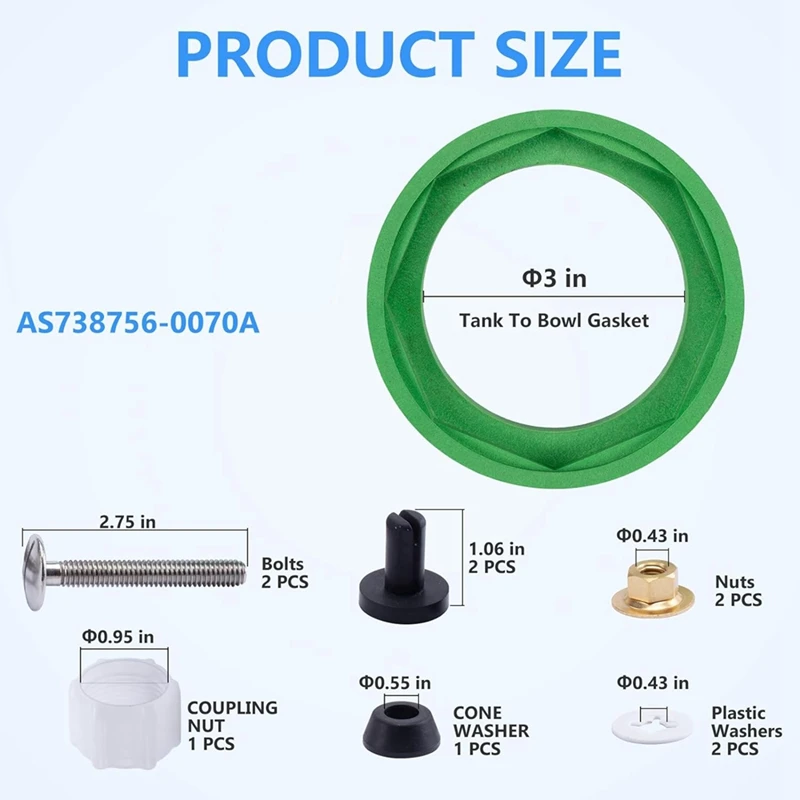 3 Inch Toilet Tank Replacement Accessories Kit, Compatible With American Standard AS738756-0070A Toilet Tank To Bowl Gasket A