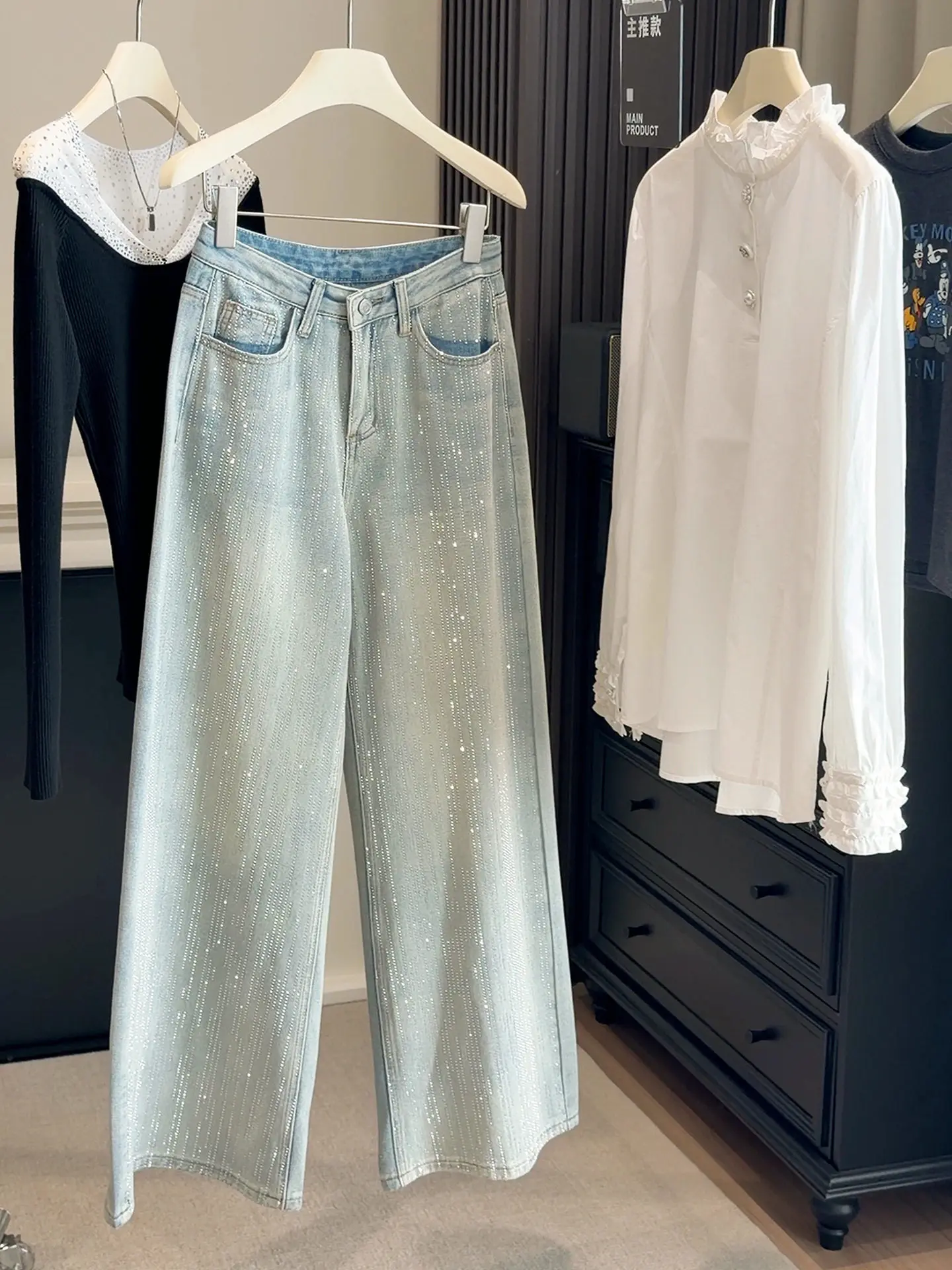 

2026 Spring High Waist Diamonds Jeans for Women New Shiny Fashion Wide Leg Denim Pants Streetwear Loose Casual Versatile Trouser