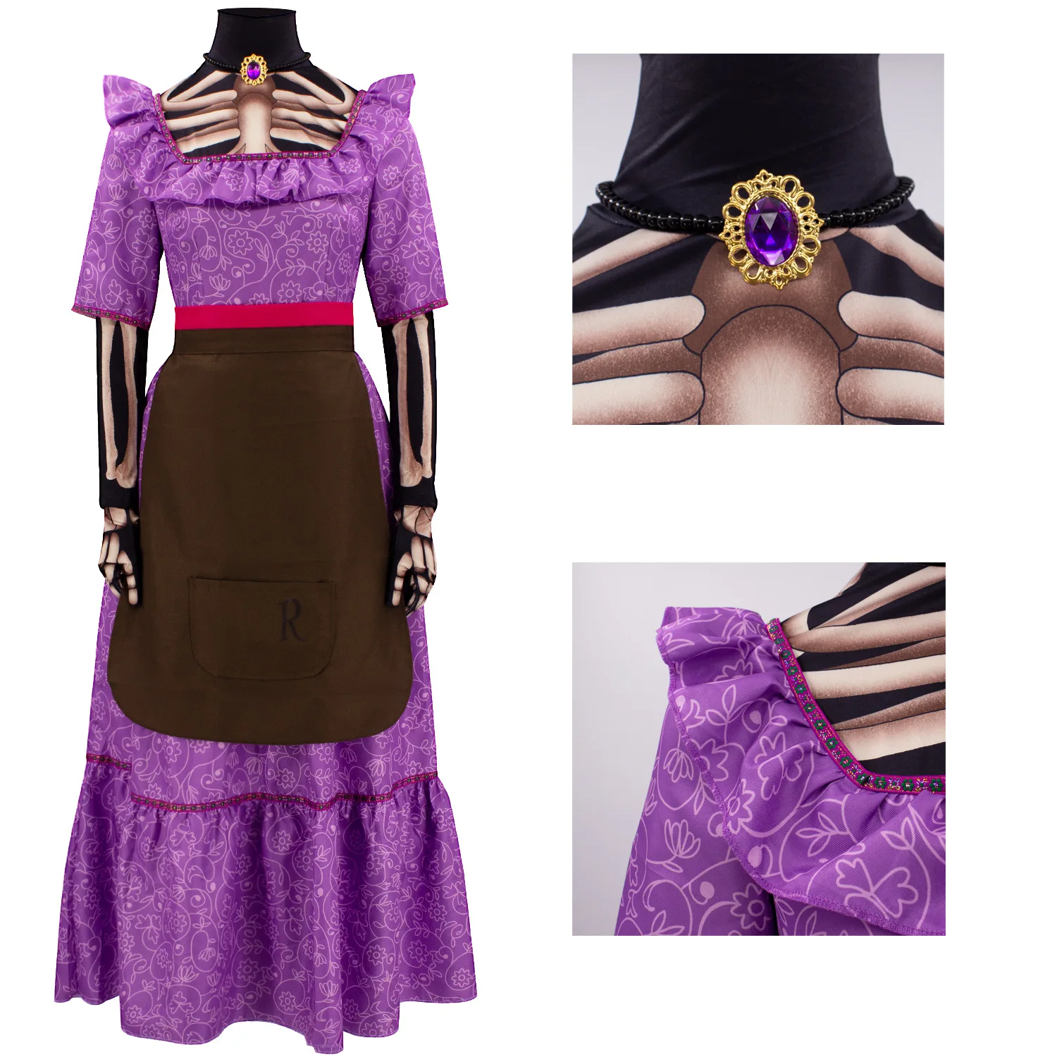 Disfraz de Cosplay de Anime CoCo Mama Imelda, Vestido Morado con Calavera, Delantal, Disfraz de Halloween y Carnaval, Trajes de Coco