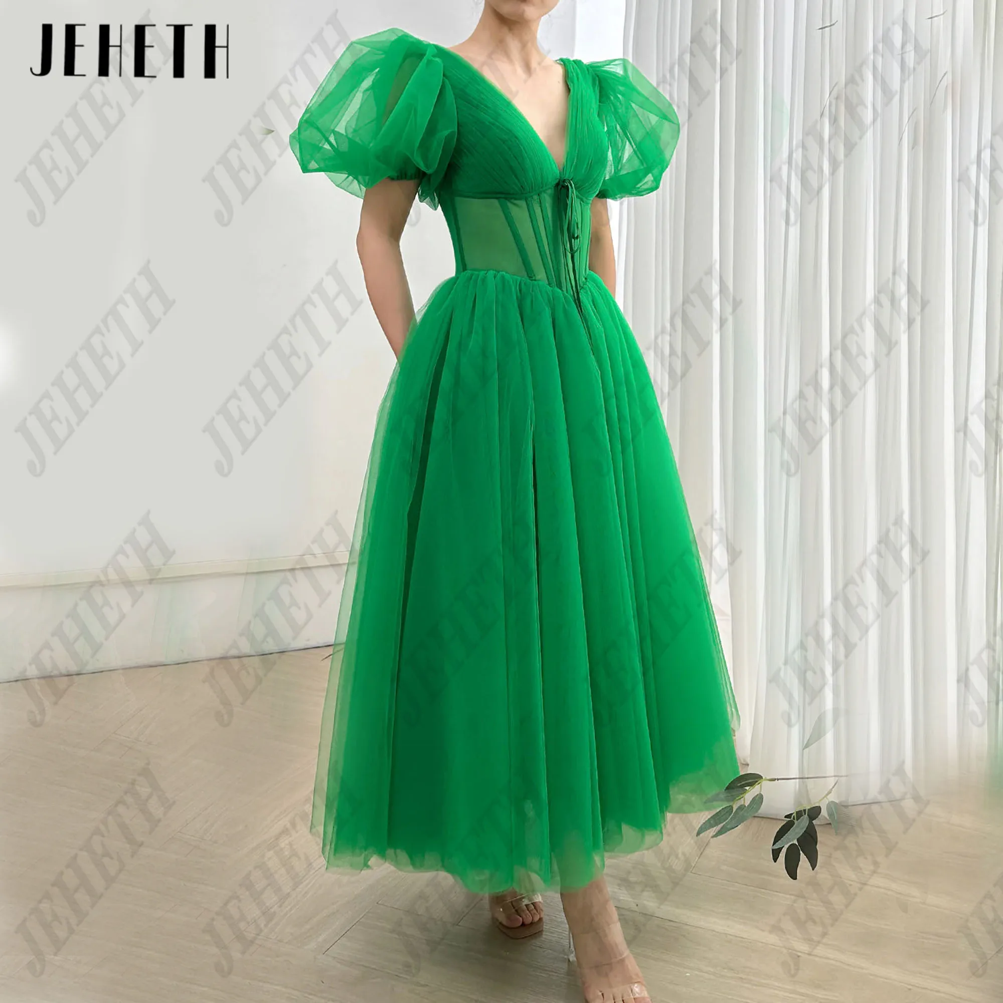 

JEHETH Green V-Neck Evening Prom Gowns Puff Sleeves Corset Party Dress Women A-Line Tulle vestidos de fiestas elegantes mujer