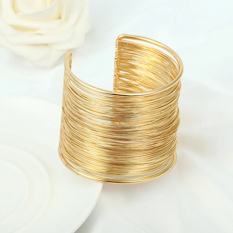 Punk Exaggerated Gold Color Opening Wires Bracelets for Women Hip Hop Simple Vintage Cuff Bangles Trendy Party Casual Jewelry