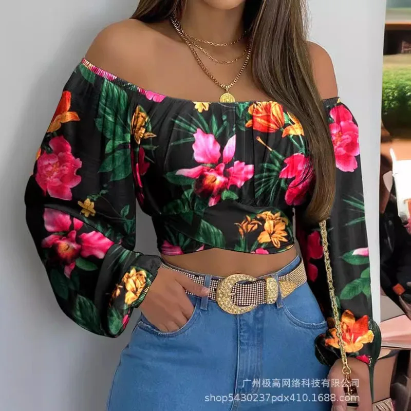 2024 Spring Summer New Women's Clothing off-Neck Long Sleeve Printed Casual Fashion Tops