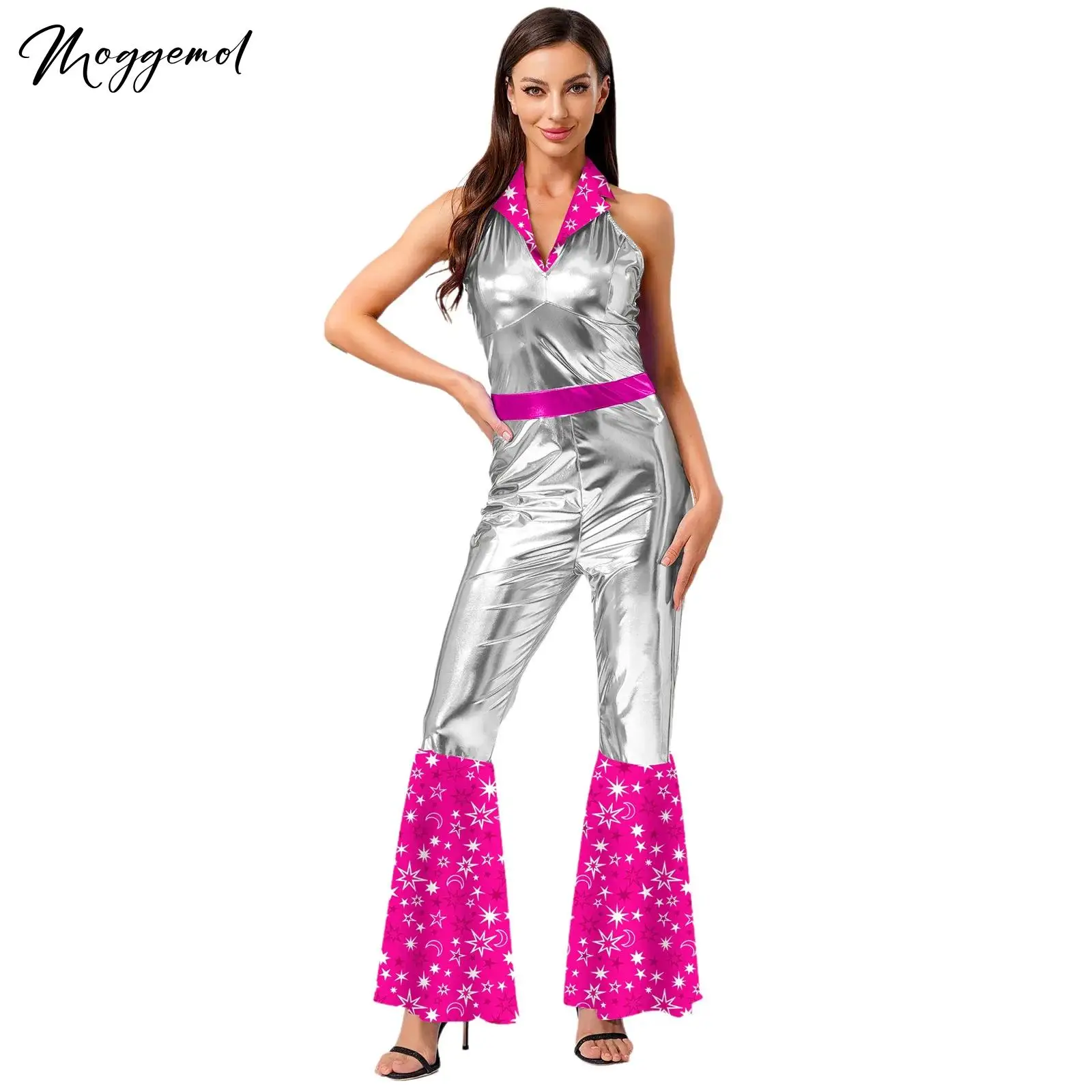 

Womens 70s Disco Outfits Vintage Halter V Neck Sleeveless Printed Patchwork Shinn Flared Jumpsuit Costume for Halloween Party