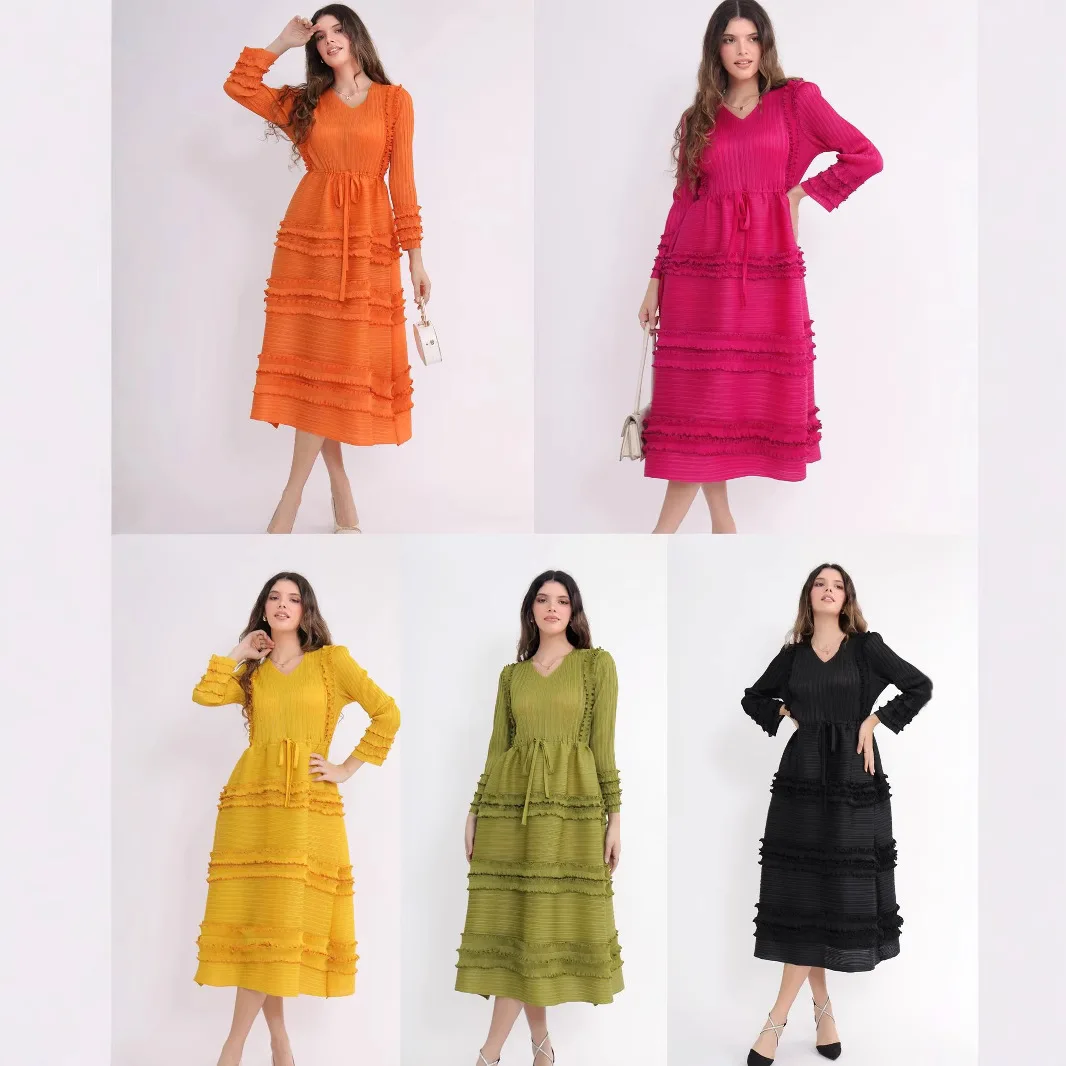 Miyake Pleated Loose Versatile Dress Solid Color Hand Cranked Flower Round Neck Cake Long Evening Dresses Women's Clothing