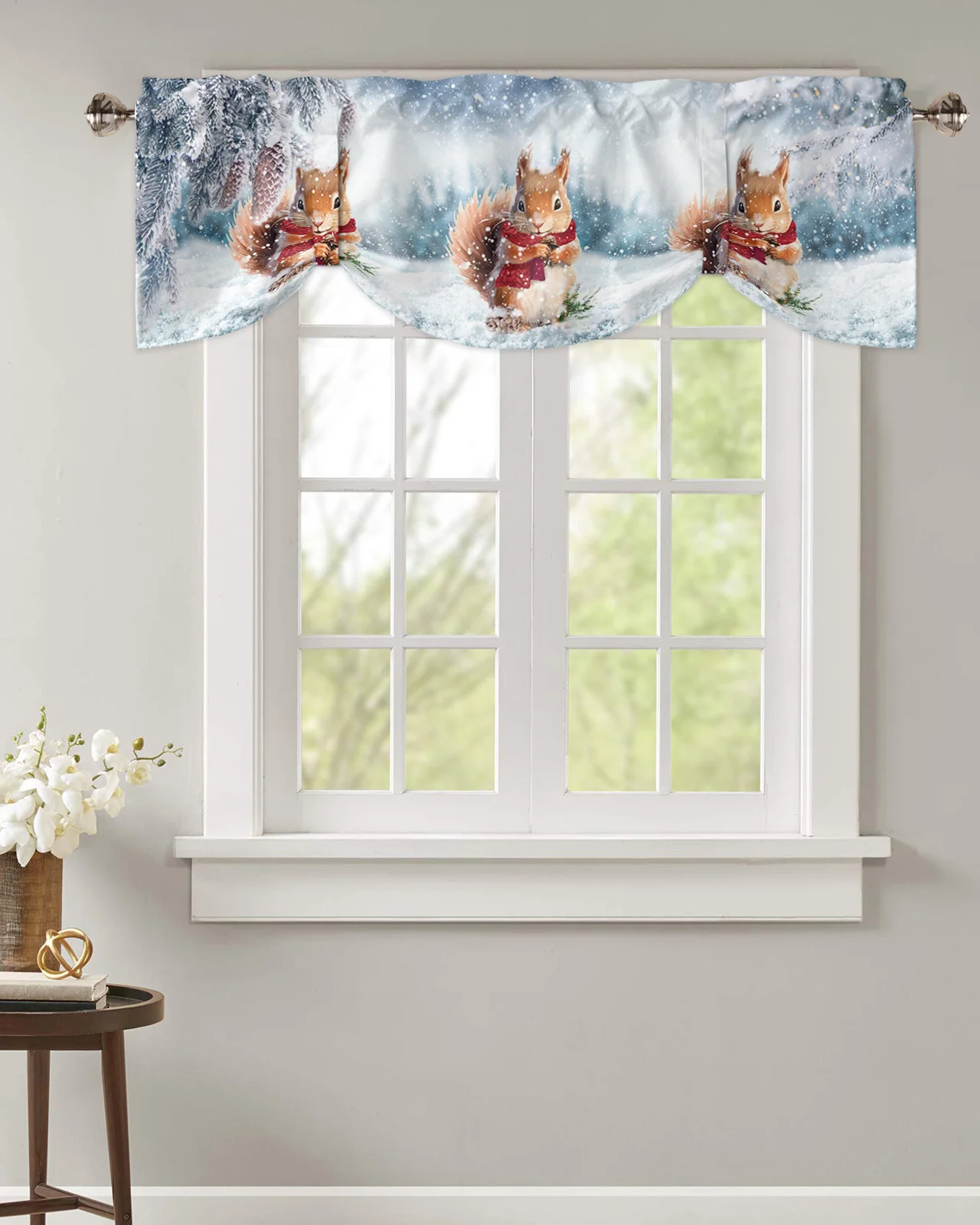 Winter Snow Pine Cone Squirrel Short Window Curtain Kitchen Cafe Cabinet Door Tie up Valance Bedroom Small Drapes Home Decor