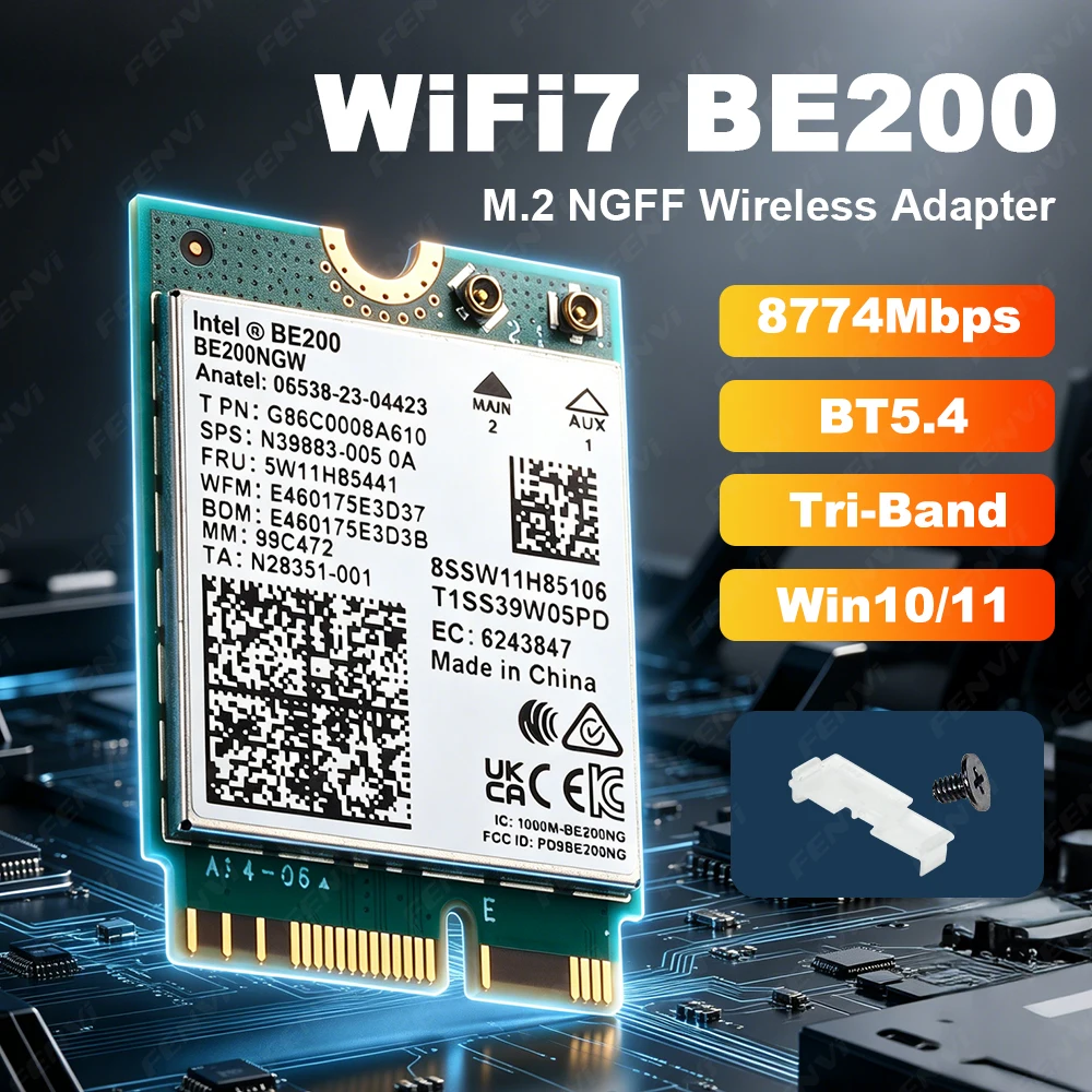 WiFi 7 M.2 BE200NGW Wireless Card Tri-Band 2.4G/5G/6GHz Bluetooth 5.4 Network Adapter 8774Mbps for Windows 11/10 Laptop PC