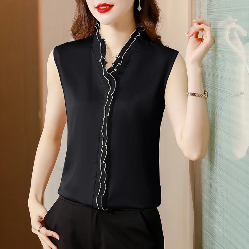 

Women Clothing Sleeveless Solid Chiffon Blouse Summer Casual Elegant Fashion Pullovers Office Lady Loose V-neck Chic Thin Tops