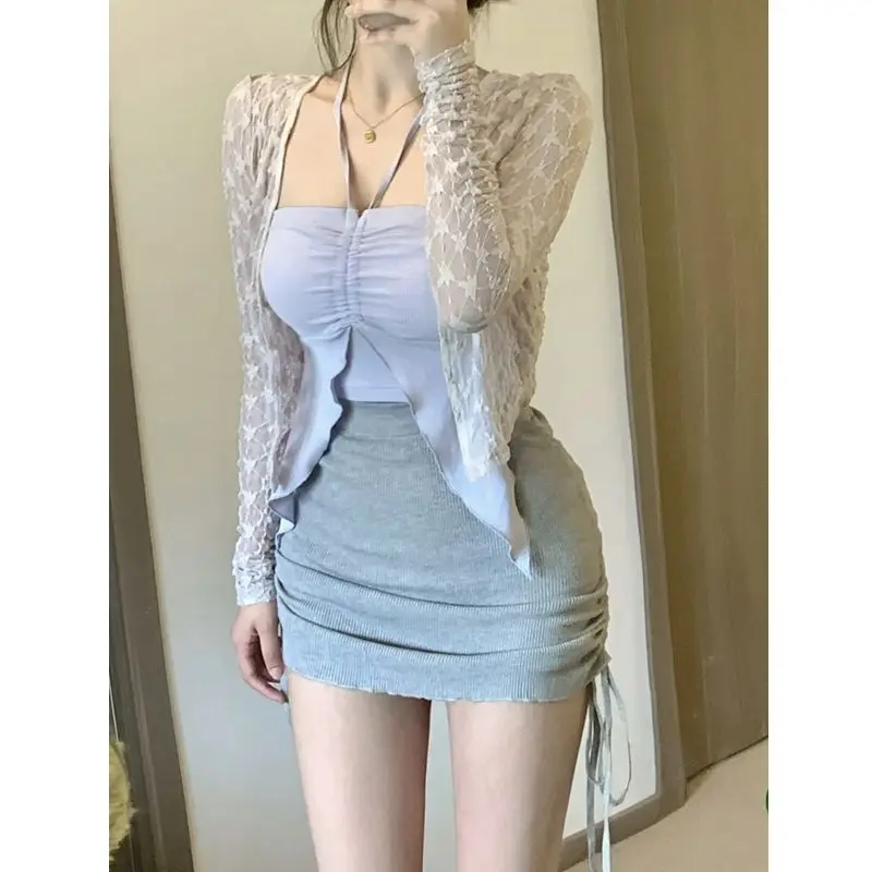 2024 Summer Korean Fashion 3 Piece Set Woman Solid Lace Cardigan + Sexy Vest + Slim Y2k Mini Skirt Woman Outwear Casual Suit