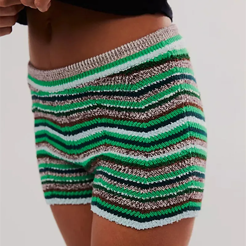 شورت نسائي مخطط محبوك ، خصر منخفض ، كتلة ألوان ، ملابس نوم مستوية ، خروج مايكرو ، Y2K