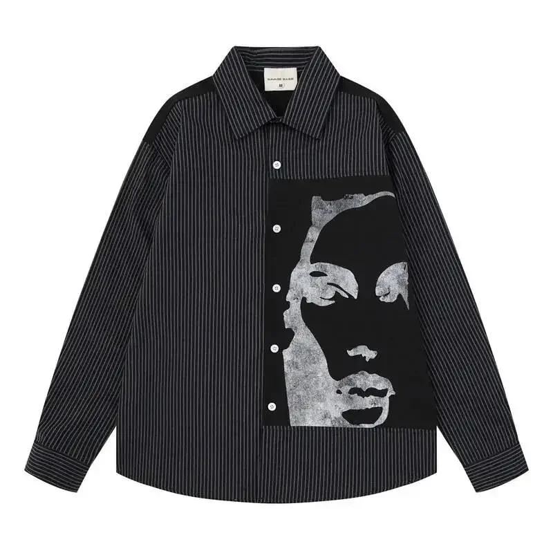 Stripe Patchwork Face Print Button Down Men's Shirt Long Sleeve Vintage American Style Design Casual Tops MB8U