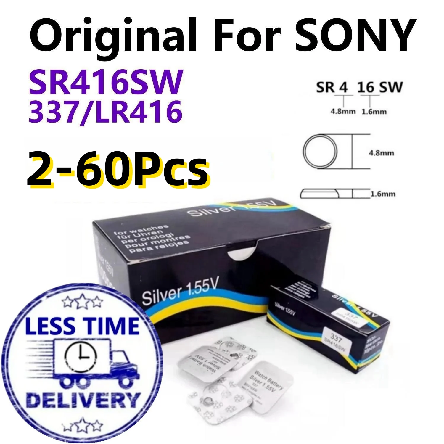 Оригинальная батарейка для часов SONY SR416SW, 2-60 шт., 1,55 в, батарейка для часов, батарейка для монет, батарейки 623 D337 337 SP337, индивидуальная упаковка