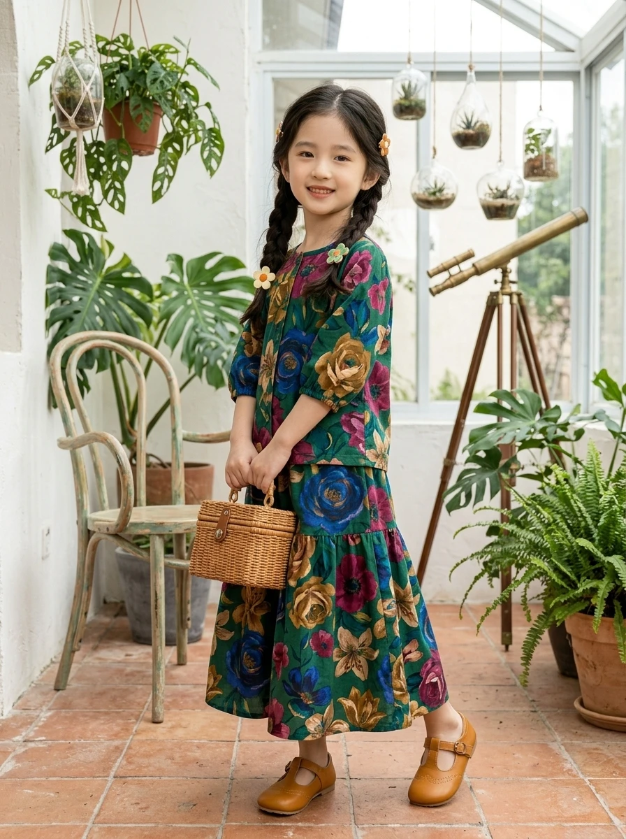 Vintage 3D Print Girls 2 Piece Suit Mid‑Sleeve Top+Skirt Lightweight Breathable Casual Kids Outfit Set for 1‑12 YearsLittle Girl
