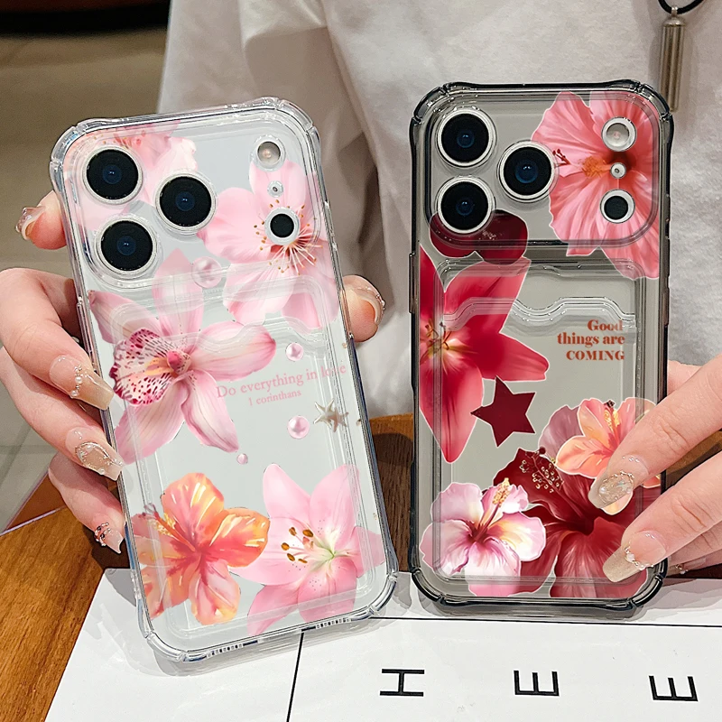 Lily Flowers Clear Silicone Phone Case For iPhone Air 16e 17 16 15 14 Pro Max 13 12 Pro 11 Shockproof Card Slot Bag Soft Cover