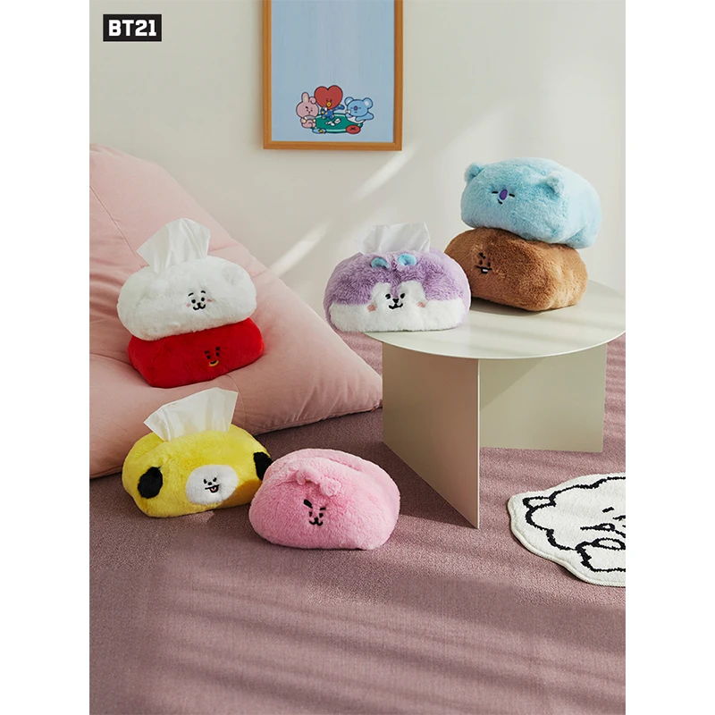 Line Friends Anime Bt21 Plush Tissue Box Kawaii Chimmy Mang Cooky Koya Desktop Doll Plushie Tissue Holder Case Paper Storage Box