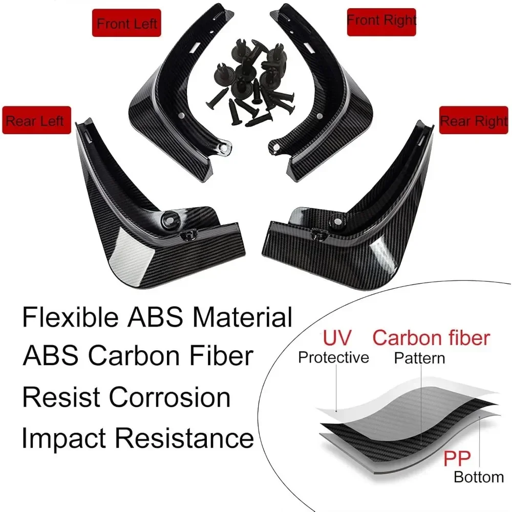 Plástico Mud Flaps Set para Tesla, protetores de respingos, preto, branco, fibra de carbono, cor Fender, modelo 3, Y, 2017-2021, 2022, 2023, 4pcs