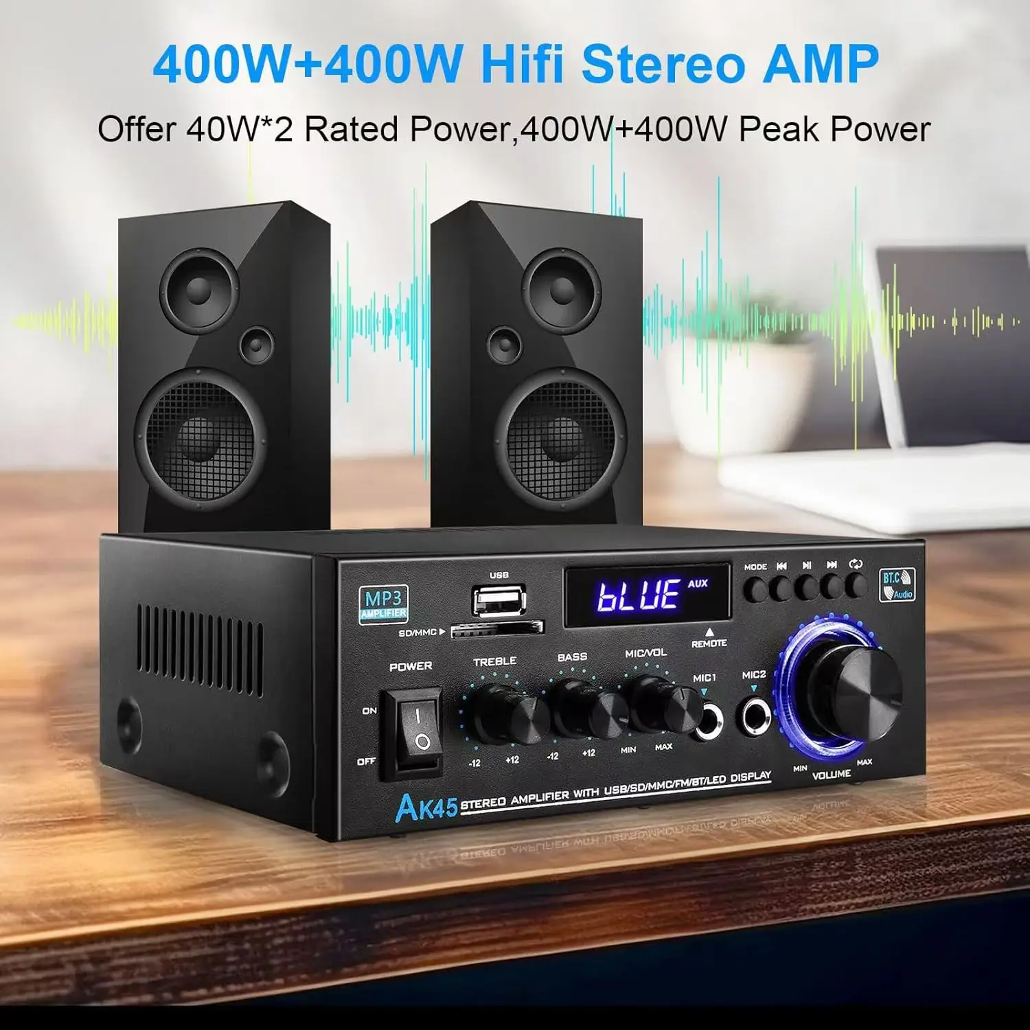 

Mini HiFi Bluetooth Amplifier AK45 - 90W Peak 2CH Bass/Treble Control for Home Theater/Karaoke/PC Audio System