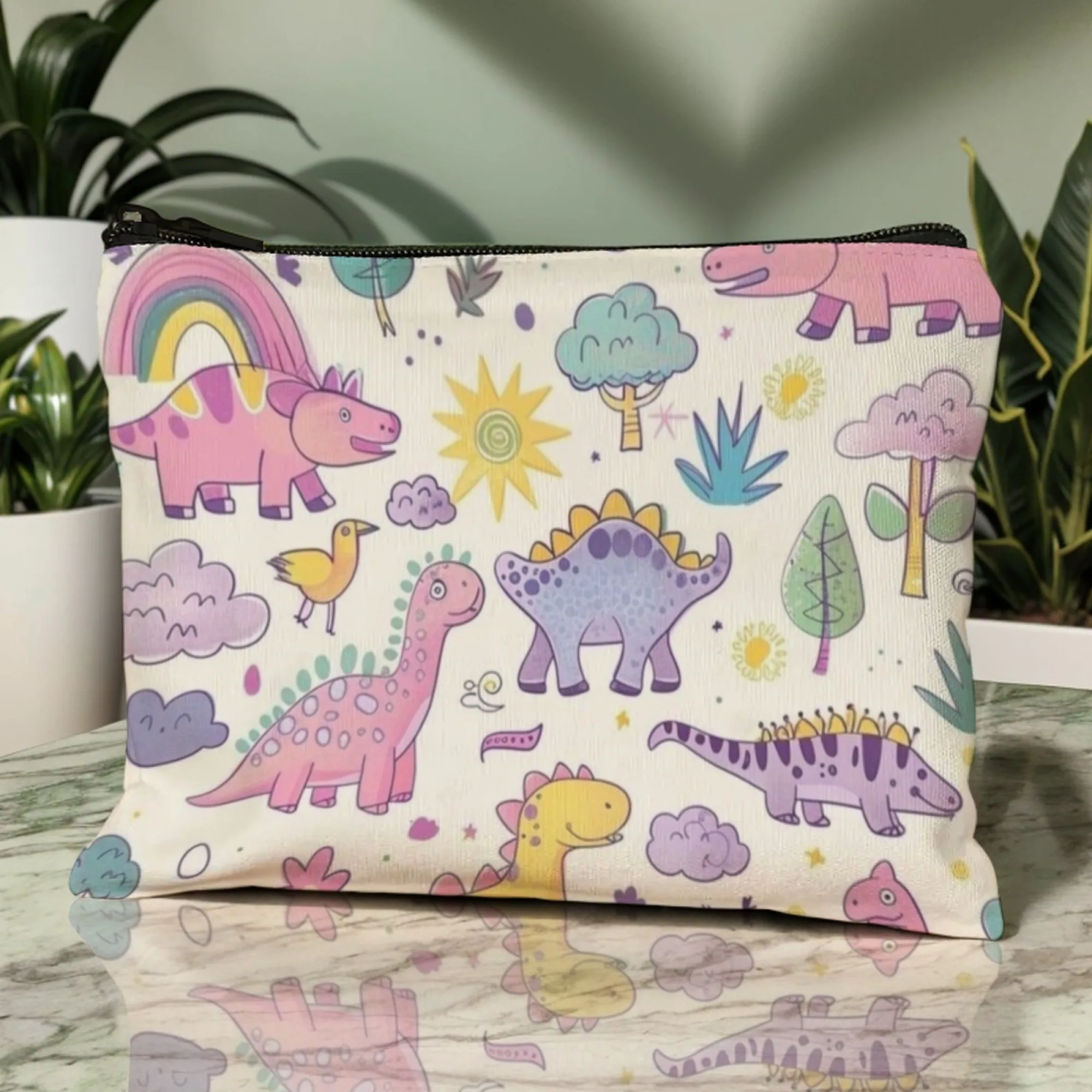 Cute Dinosaur Pattern Print Canvas Makeup Bag with Zipper, Colorful Cartoon Cosmetic Organizer ,For Girls Travel & Daily Gift