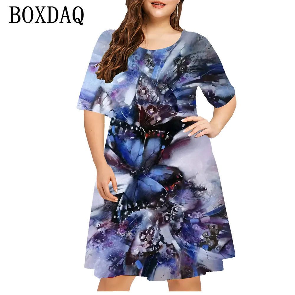 2024 Summer Retro Dress Women Tie Dye Gradient 3D Print Dress Loose Plus Size Women Clothing Casual Short Sleeve A-Line Dresses