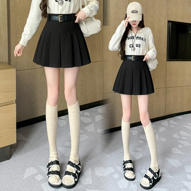 2024 Winter Woolen Mini Pleated Skirt Women Casual Streetwear High Waist Solid A-Line Skirts With Shorts School Shrot Jupe Femme