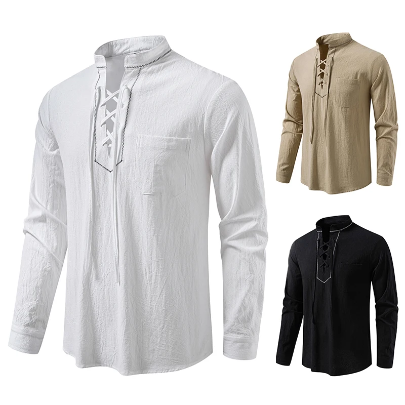 Vintage Clothing Man Cotton Shirts Chemises Hommes Cowboy Drawstring Embroidery Designer Medieval Pirate Costume Mens Shirts