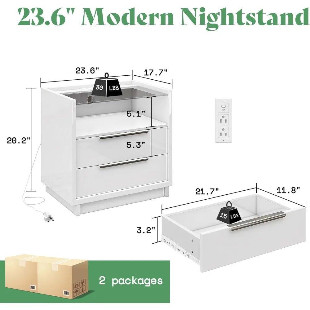 زوج من 23.6 طاولات بجانب السرير حديثة مع قاعدة شحن، ولمسة نهائية عالية اللمعان وسطح زجاجي، وأدراج واسعة #2
