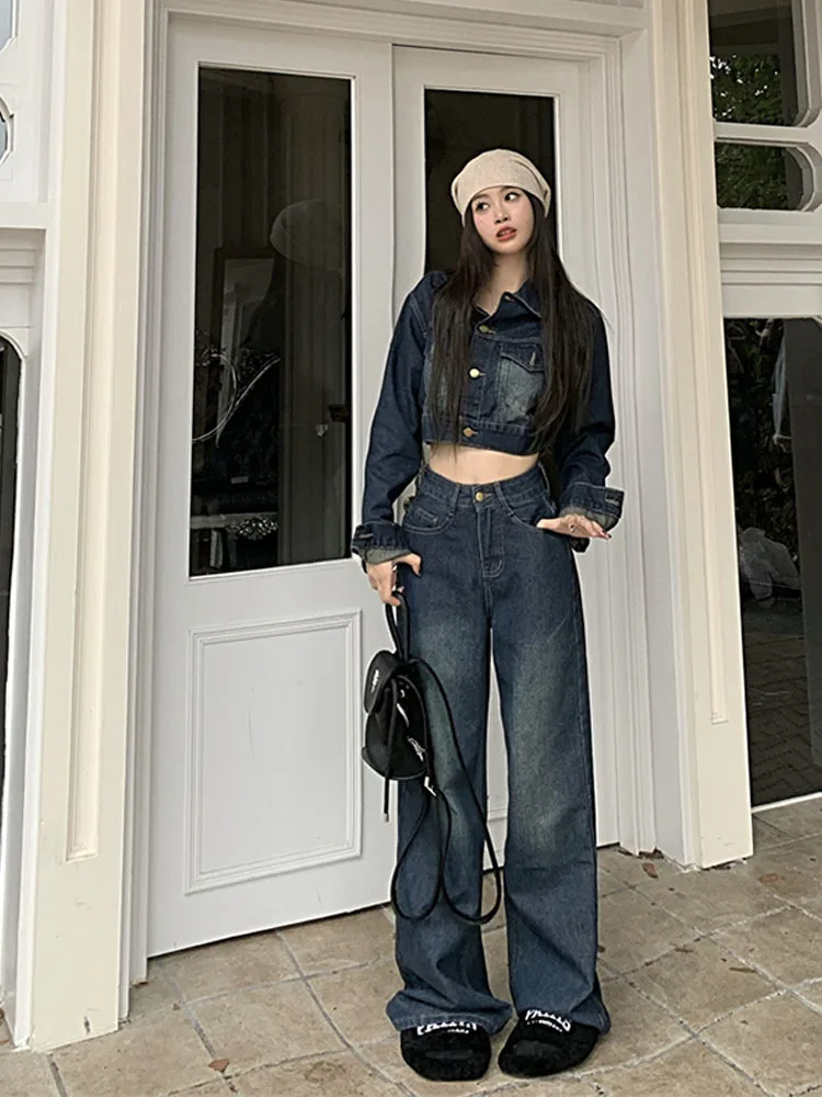 Vintage denim suit women\'s short coat top + Jeans wide leg pants 2023 spring autumn new  fashion two-piece set