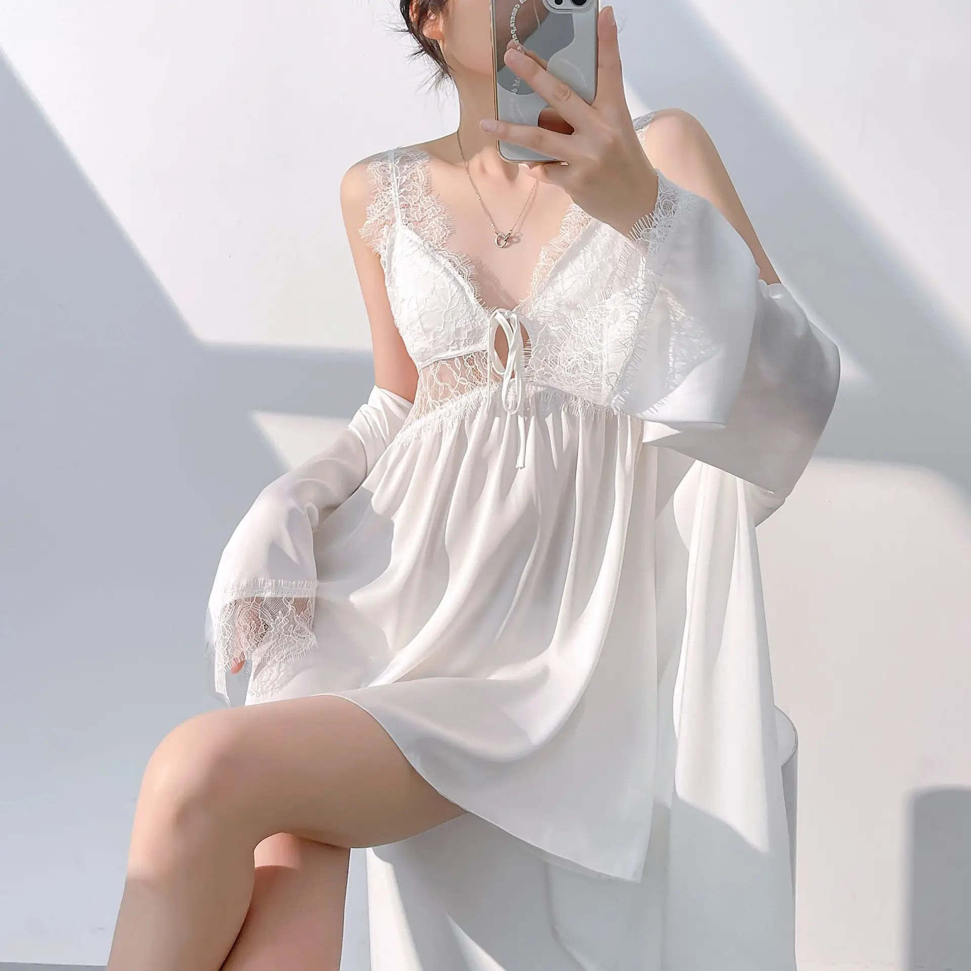 Twinset Robe ชุดเดรสชุดนอนหญิงชุดชั้นในลูกไม้ Hollow OUT เสื้อคลุมอาบน้ําชุดกิโมโนชุดฤดูร้อนชุดนอน