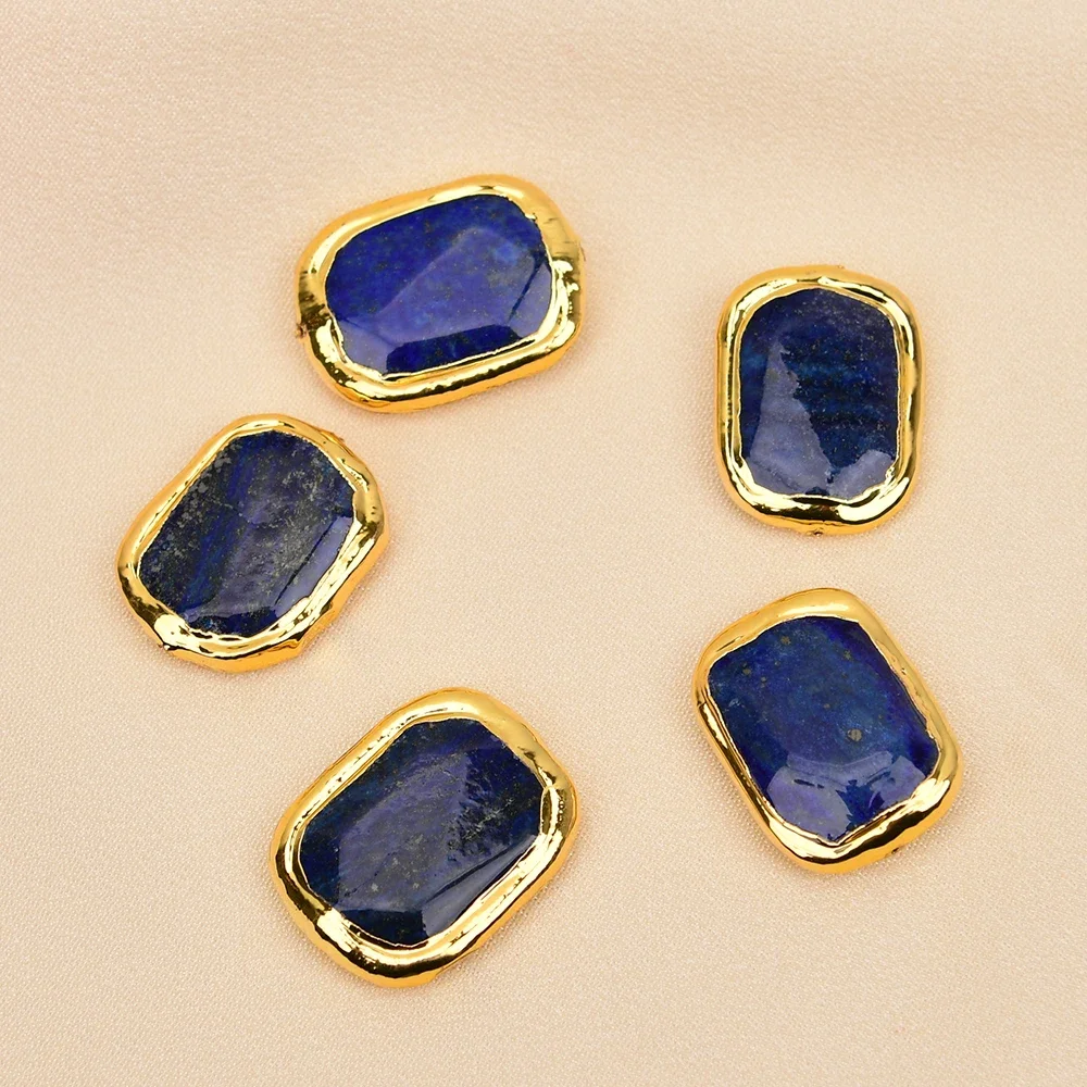 

5 Pcs Natural Blue Lapis Lazuli Stone Gold Plated Rectangular Piece Gems Freedom Beads For Pearl Jewelry DIY