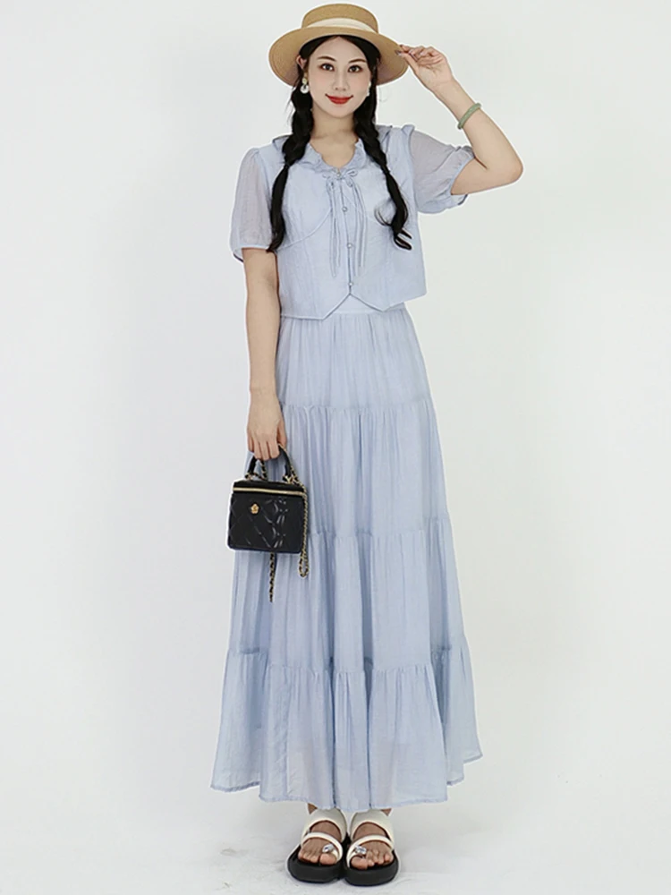 

Ele Summer irt And Skirt Set for plus Size Women Puffy Sve Waist Cinched Meat Concealing Long Dr Code Faion