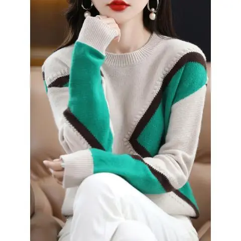 2023 Autumn and Winter Women's Pullover Round Neck Patchwork Printing Loose Fashion Casual Elegant Commuter Long Sleeve Sweater