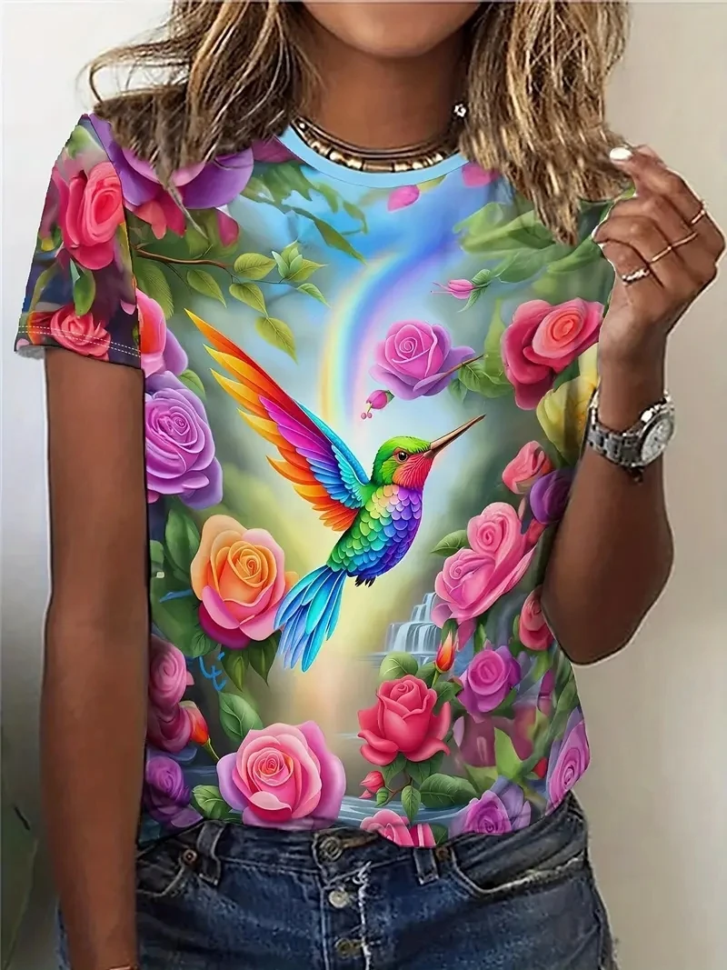 

Ladies' Plus Size 3D Bird and Flower Printed Short Sleeved T-shirt,loose and Casual,soft,comfortable and Breathabl,outdoor Sport