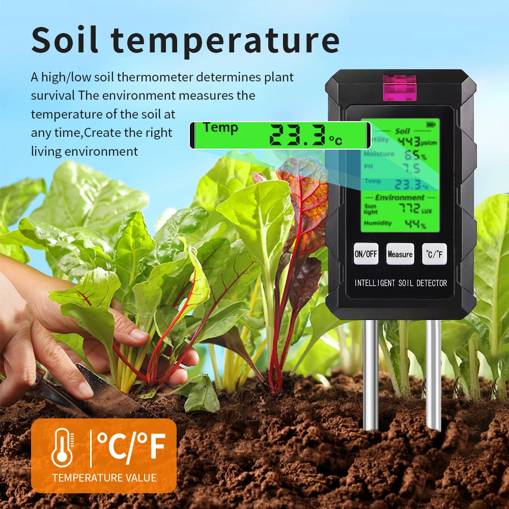 6 in 1 Soil Detector Soil Tester pH Temperature Humidity Sunlight Air Moisture Nutrient Fertility Meter Gardening Tool