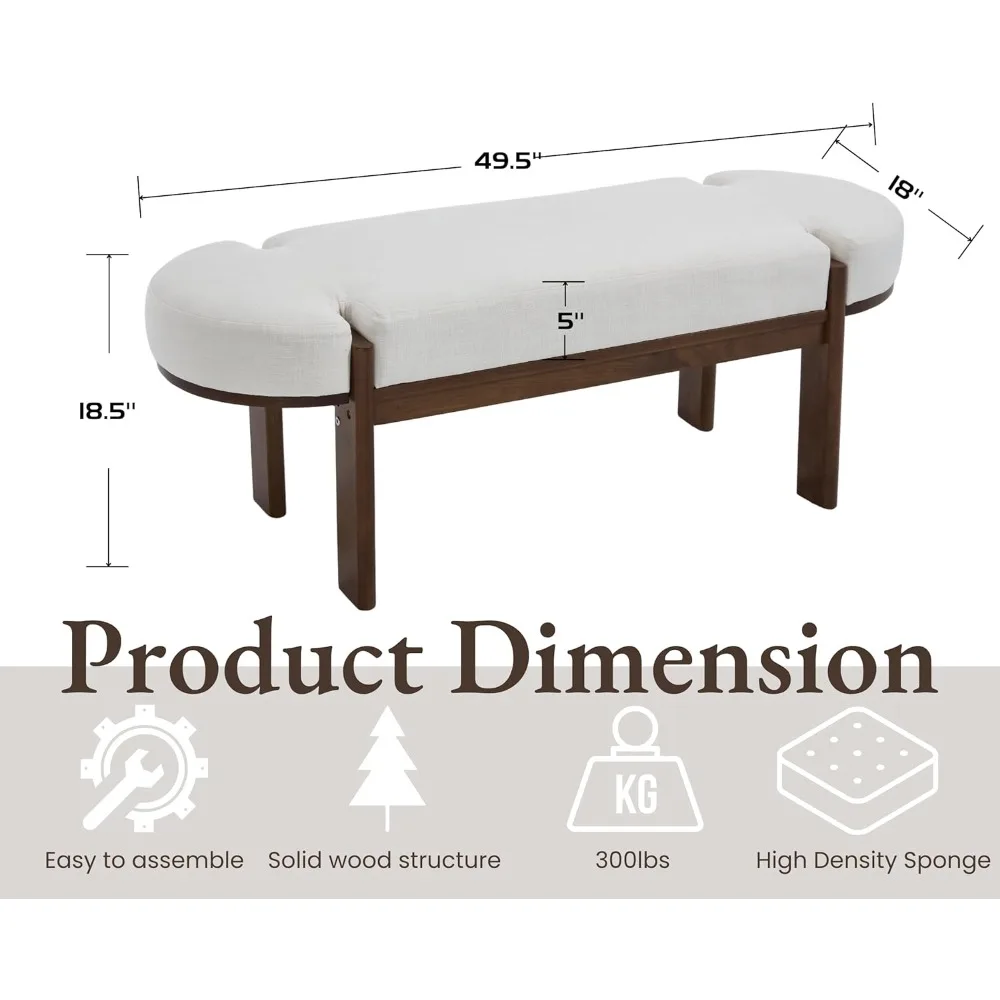 مقعد غرفة نوم حديث مقاس 49 بوصة، نهاية منجدة من مقعد السرير، مقعد مدخل خشبي مع مقعد مبطن من الكتان وأرجل خشبية من خشب الجوز #2