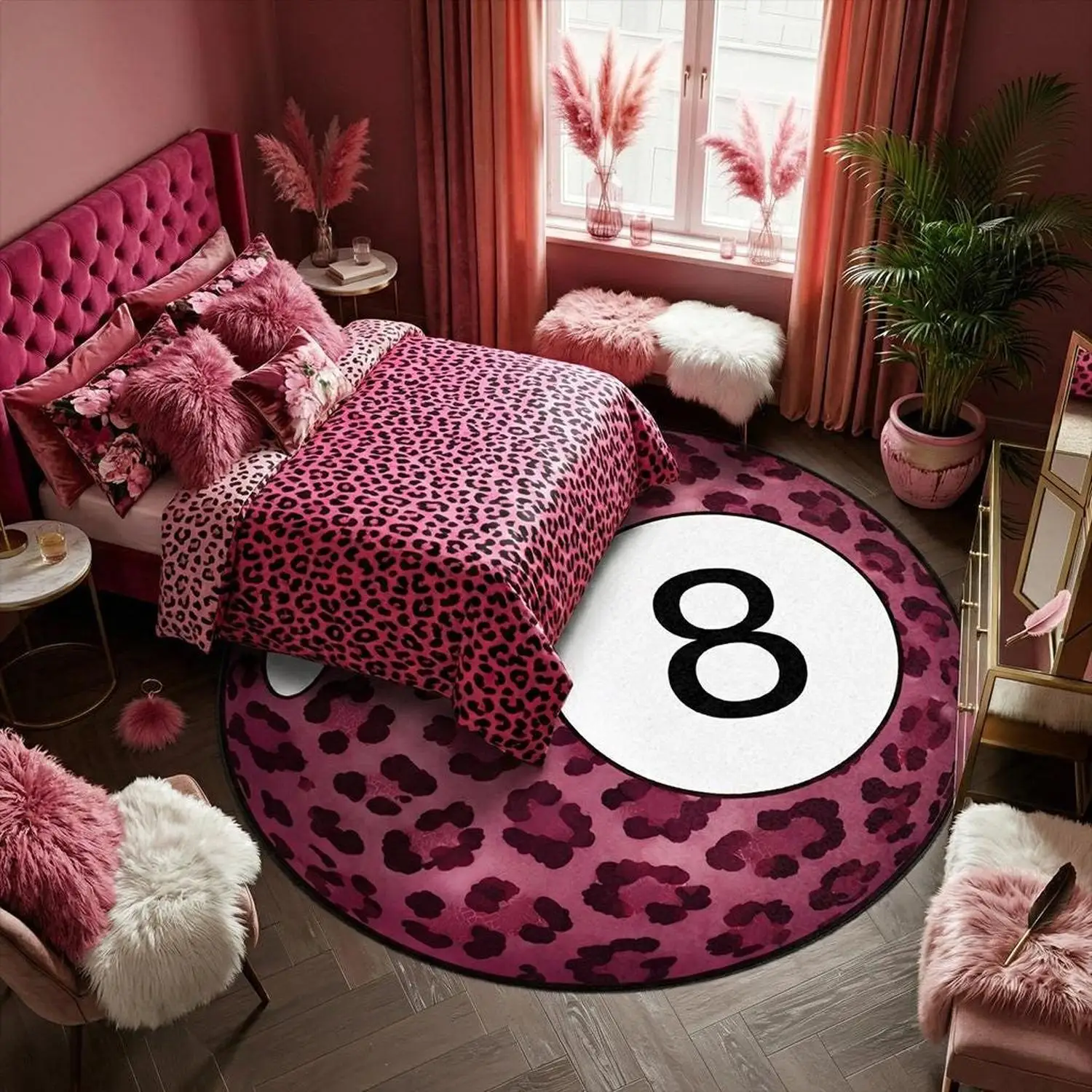 【Room Decor Carpet】Pink Leopard Print Round Carpet, Feminine Decor, Charming Room Carpet, Girly Style Carpet, Soft Washable Floor Mat, Pet-Friendly Carpet