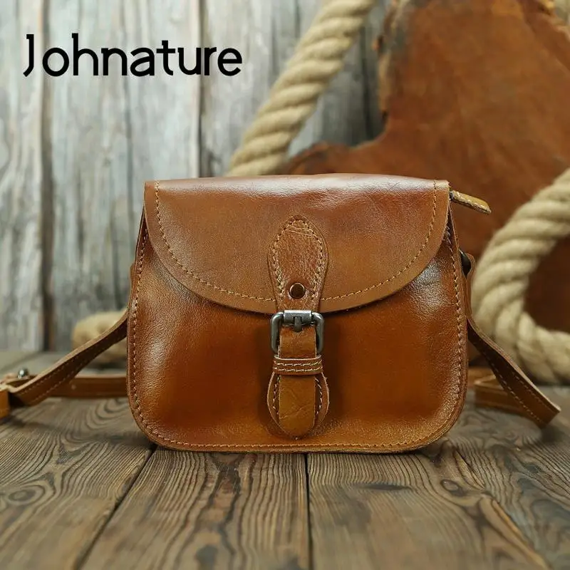 Johnature Simple Bag Genuine Leather All-match Women Shoulder Bags 2024 New Leisure Solid Color Cowhide Lady Small Messenger Bag