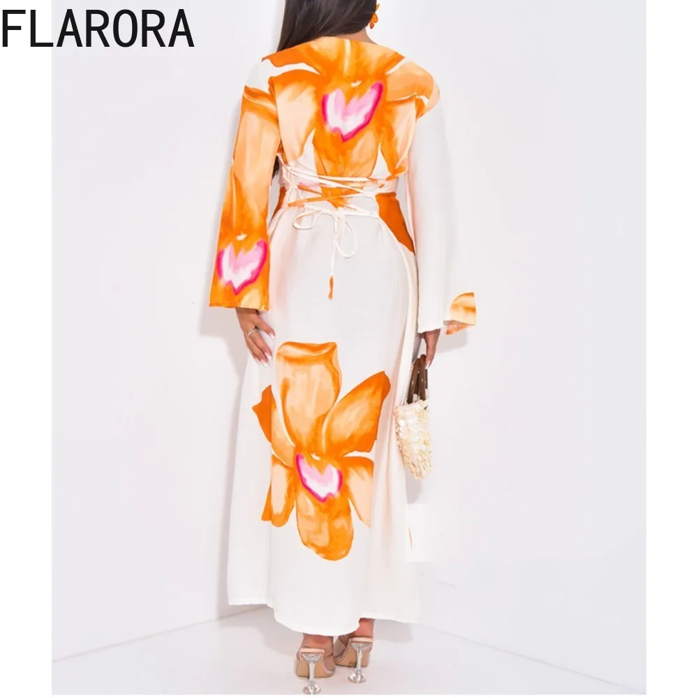 FLARORA Elegant Flower Printing Dress Woman Round Neck Flared Long Sleeved Bandage Girdling Dresses Fairy Party Vestido 2025 New